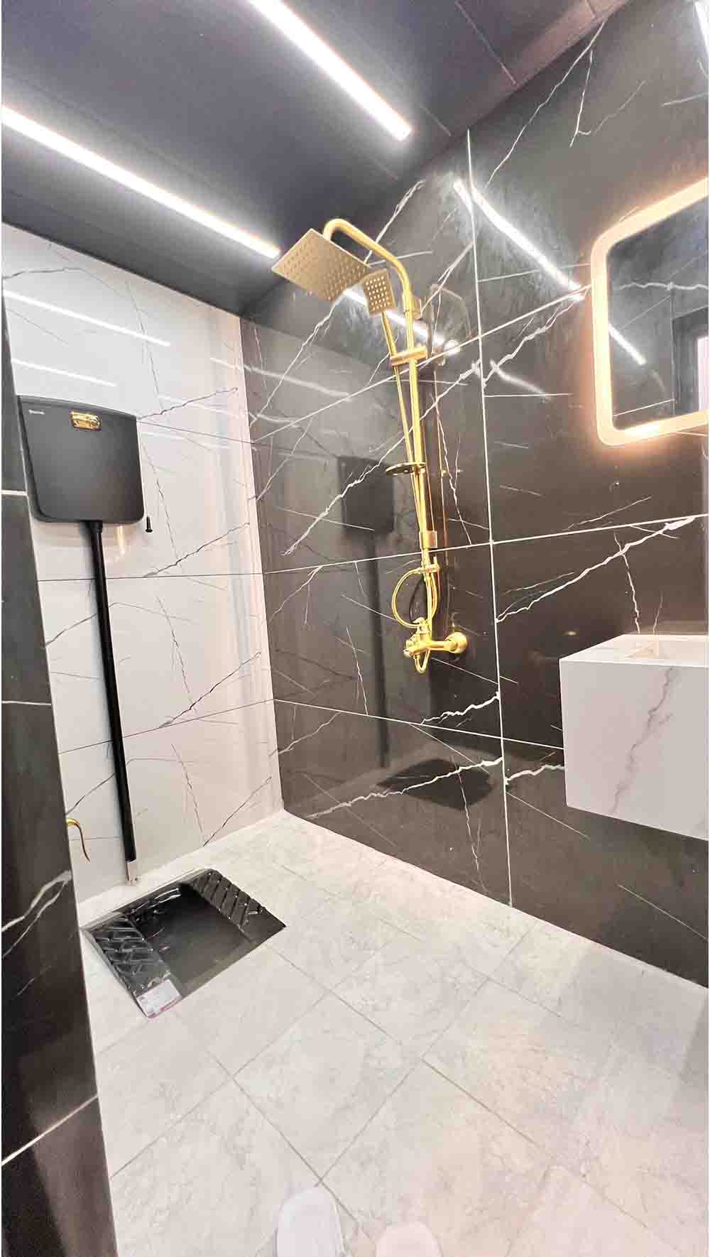 تصویر یک ویلای نما مدرن و محوطه سازی شده با موزاییک و چمن مصنوعی