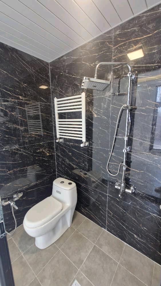 تصویر یک ویلای نما مدرن و محوطه سازی شده با موزاییک و چمن مصنوعی