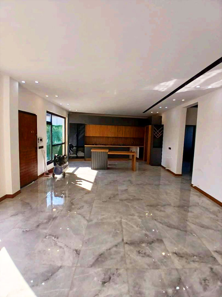 تصویر یک ویلای نما مدرن و محوطه سازی شده با موزاییک و چمن مصنوعی