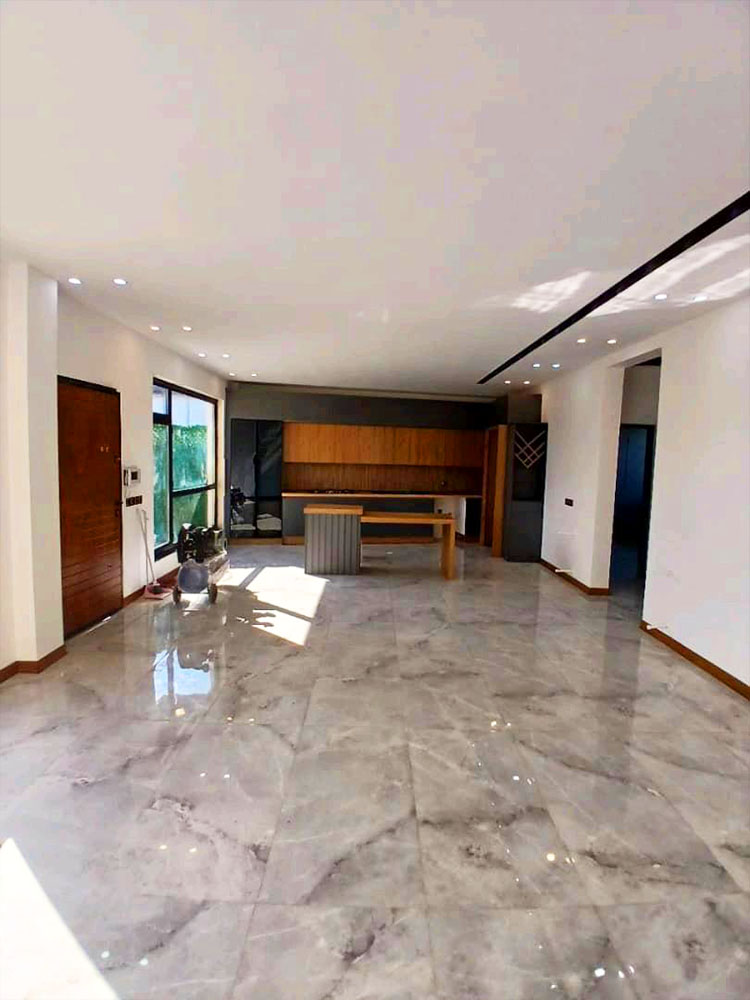 تصویر یک ویلای نما مدرن و محوطه سازی شده با موزاییک و چمن مصنوعی